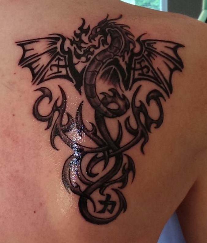 Tribal Dragon Tattoo on Back Shoulder by Pascal