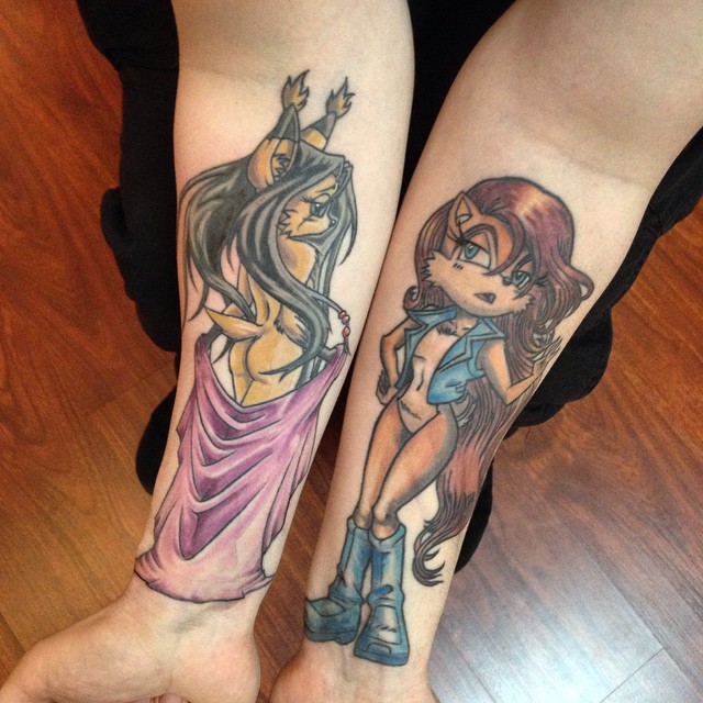 Sally Acorn And Nicole The Lynx Tattoos On Forearm