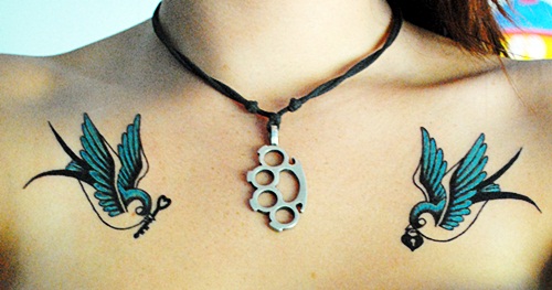 Cute Swallow Tattoos On Girl Collarbones