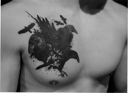 Flock Of Ravens Tattoo On Chest For Men