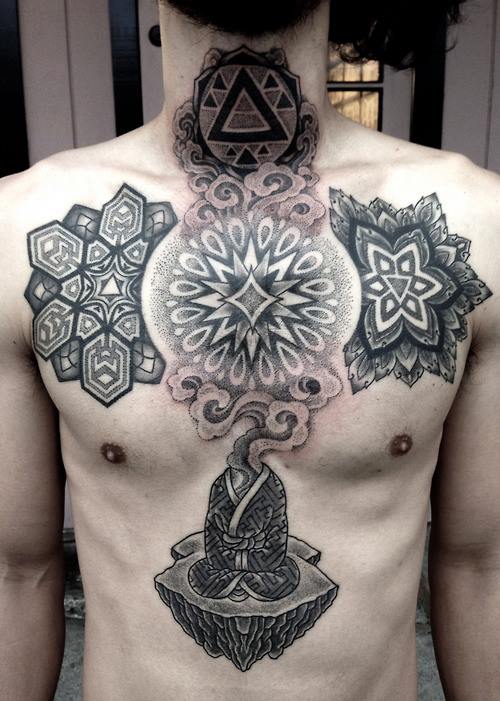 Grey Ink Spiritual Tattoo On Man Chest