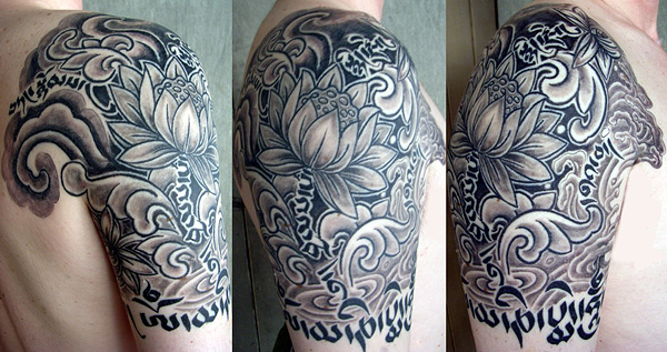 Grey Ink Tibetan Tattoo Design For Shoulder