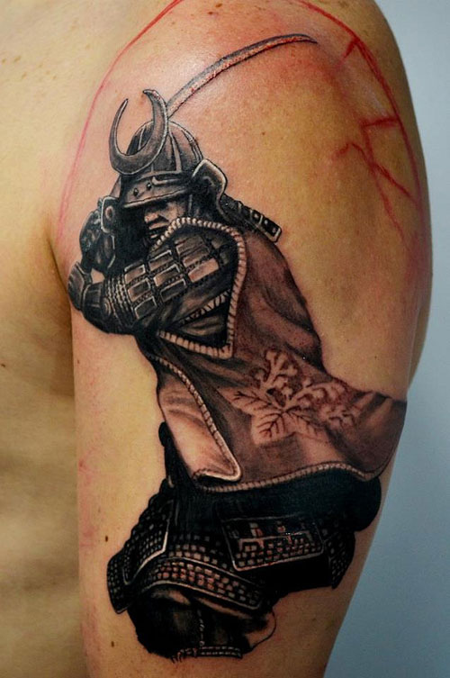 Grey Samurai Tattoo Design On Left Shoulder For Men