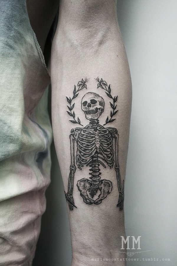 Grey Skeleton Tattoo On Left Forearm