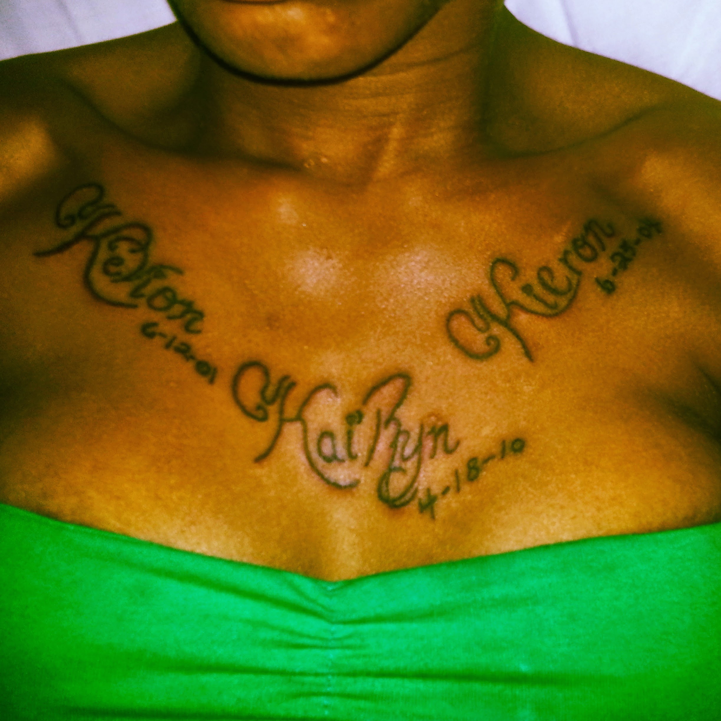 Memorial Names Tattoos On Girl Chest