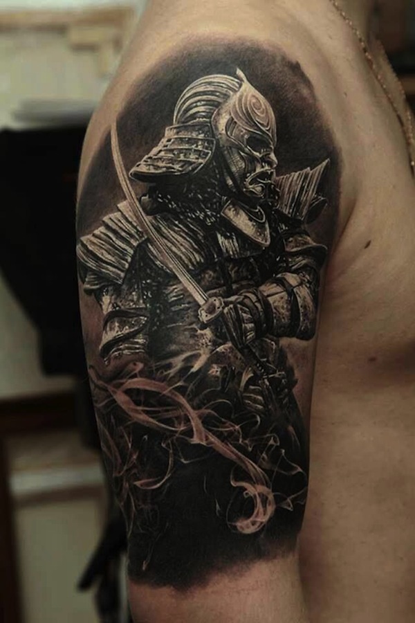 Realistic Samurai Tattoo On Man Right Half Sleeve