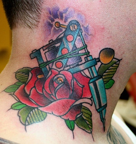Red Rose And Tattoo Machine Tattoo On Side Neck