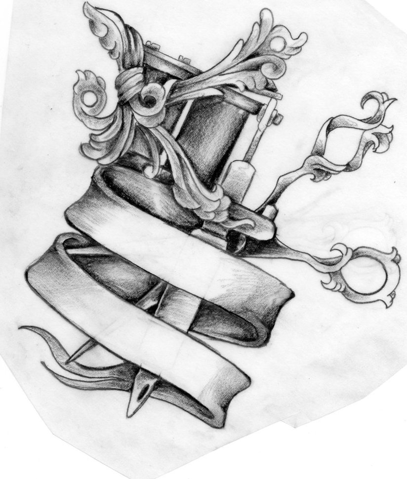 Scissor With Banner And Tattoo Machine Tattoo Design by Mustang Inky