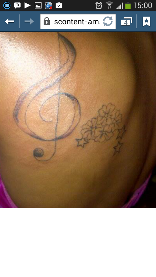 Treble Clef With Stars And Flowers Tattoo On Back