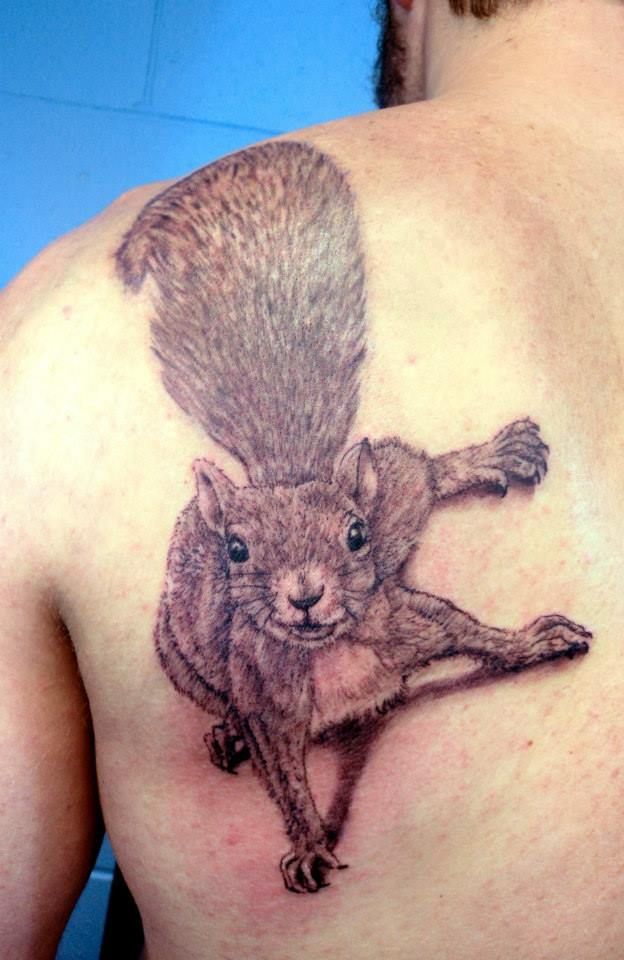 Squirrel Tattoo on Left Back Shoulder For Men by Stevie Lange