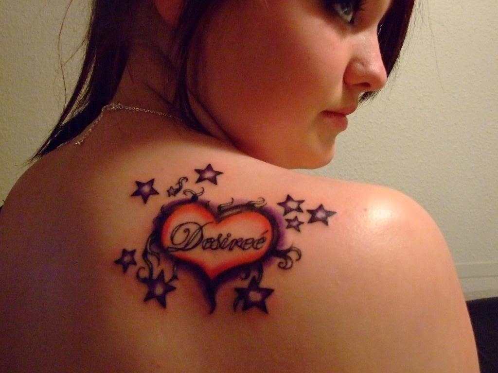Stars And Heart Women Tattoo On Right Back Shoulder