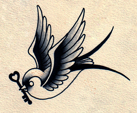 Swallow With Key in Beak Tattoo Design Idea
