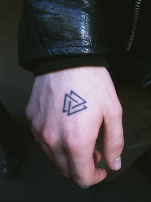 Valknut Triangle Tattoo On Right Hand