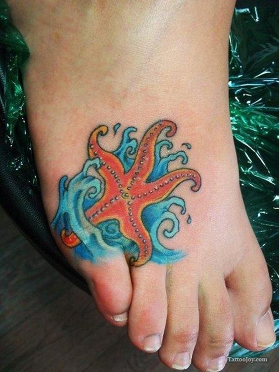 Water Waves And Starfish Tattoo Design Idea On Right Foot