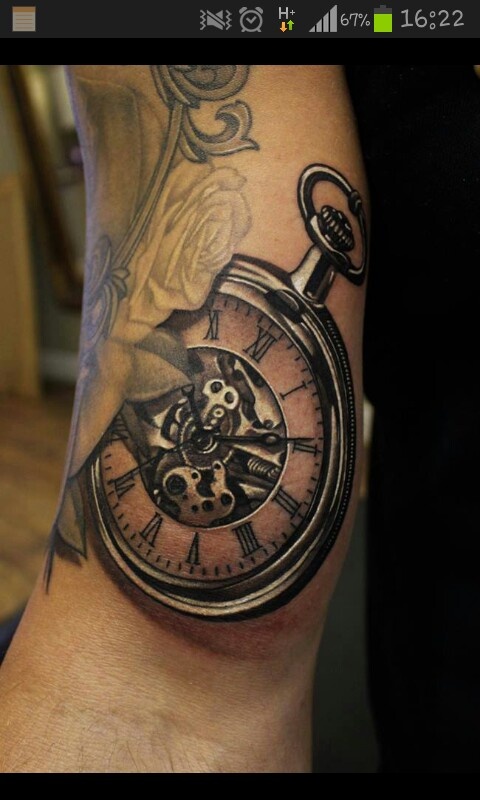 White Rose Flower and Pocket Watch Tattoo On Bicep
