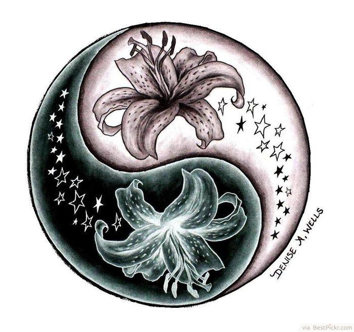 Yin Yang Feminine Lily Flower Tattoo Design Idea