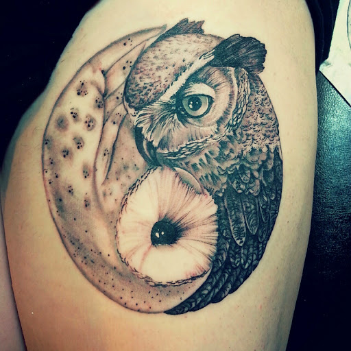 Yin Yang Owl Tattoo On Left Thigh