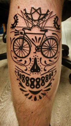 Black Ink Bike Tattoo On Leg Calf