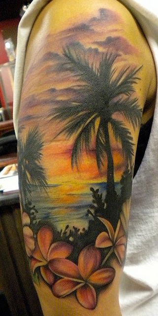 Colorful Beach Tattoo On Half Sleeve