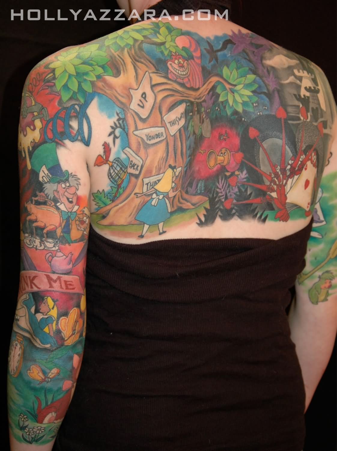 Colorful Cartoon Tattoos On Both Sleeve And Upper Back