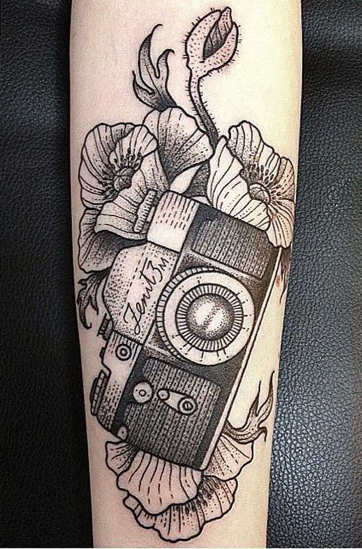 Grey Flowers And Photography Camera Tattoo