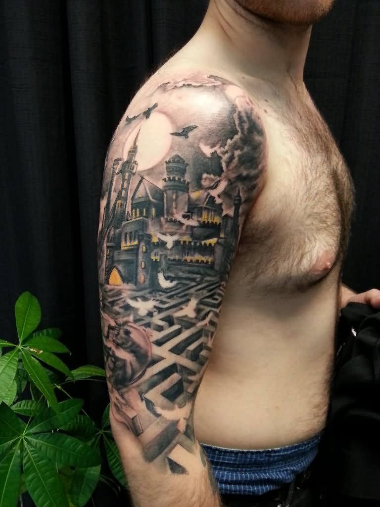 Grey Ink Castle Tattoo On Man Right Half Sleeve