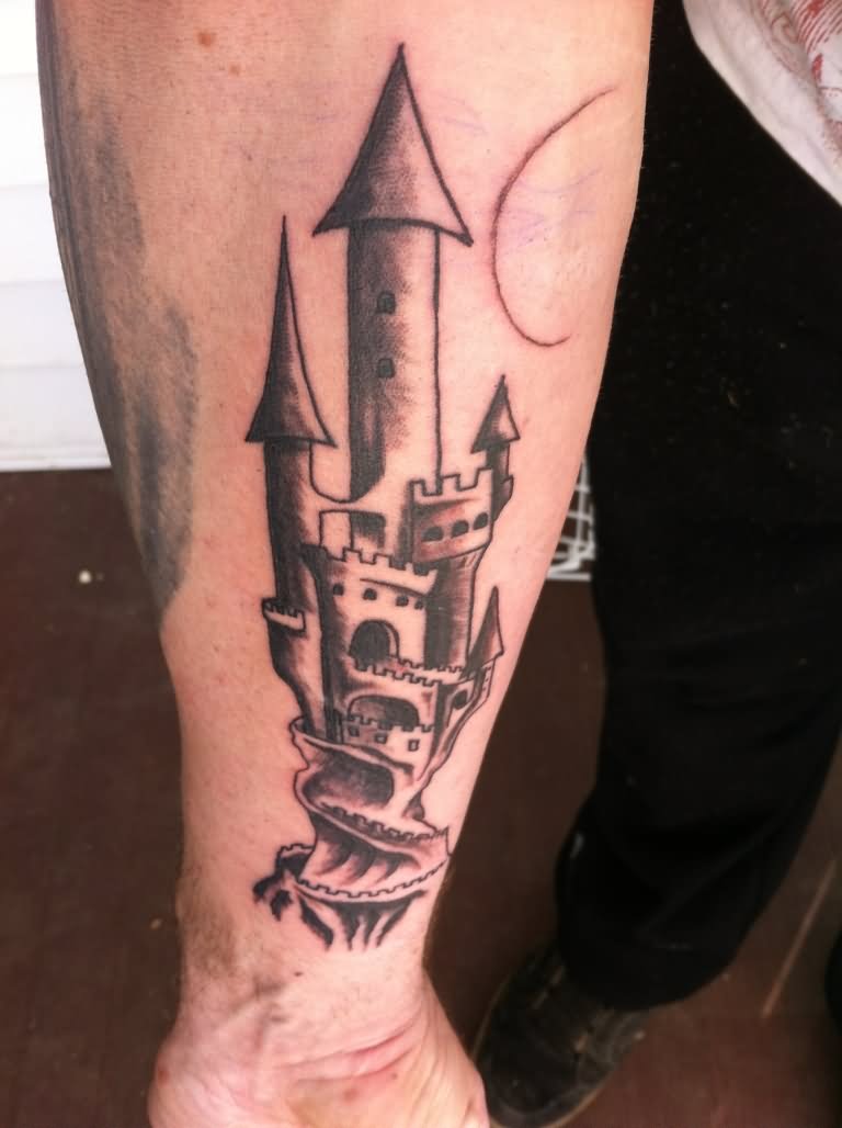 Grey Ink Castle Tattoo On Right Forearm