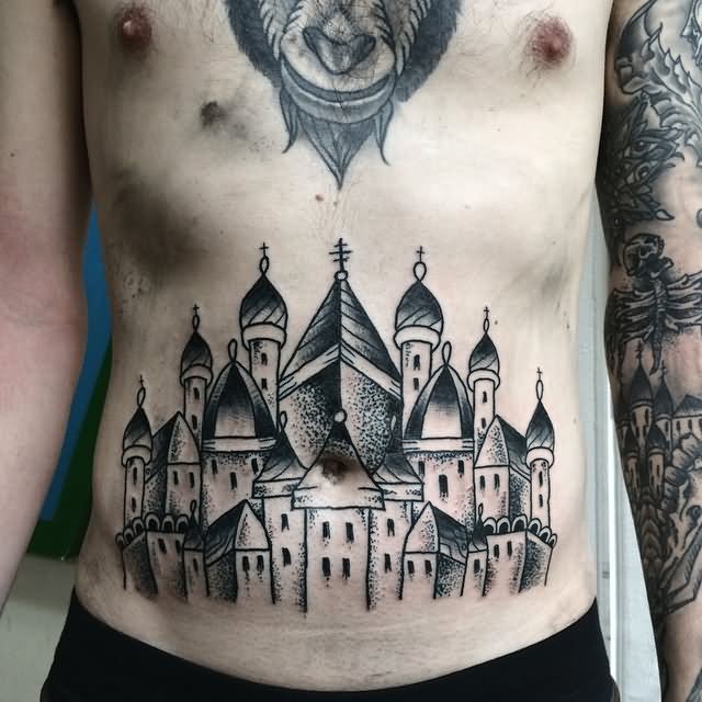 Grey Ink Castle Tattoo On Stomach