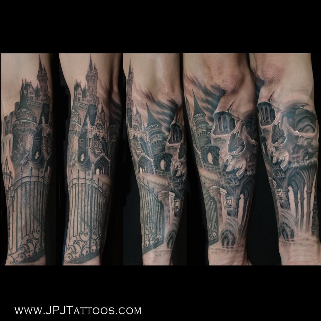 Grey Ink Skull And Castle Tattoo On Arm Sleeve