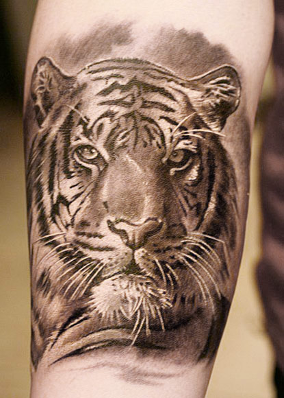 Grey Ink Tiger Head Tattoo On Arm Sleeve