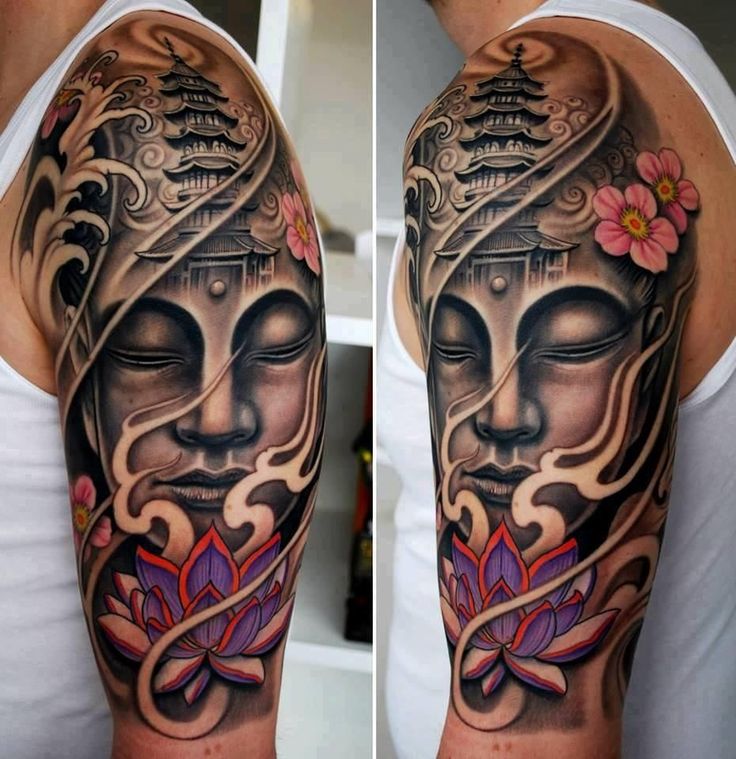 Lotus Flower And Buddha Tattoo On Man Left Half Sleeve