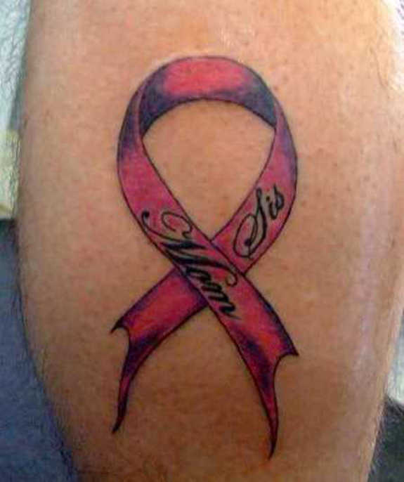 Mom And Sis Cancer Ribbon Tattoo On Back Leg