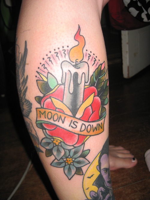 Moon Is Down Banner And Burning Candle Tattoo On Right Leg