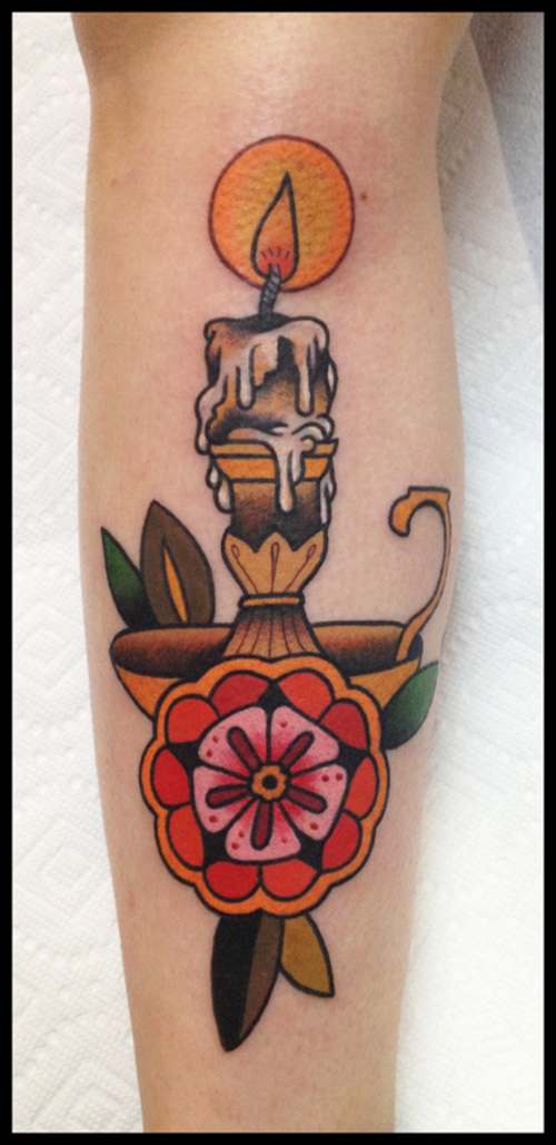 Nice Color Traditional Candle Tattoo On Leg