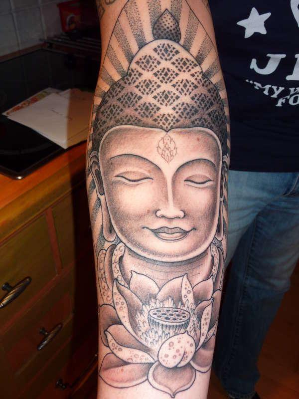 Nice Grey Ink Buddha Tattoo On Right Forearm