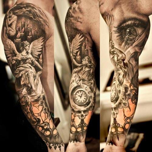 Realistic Grey Ink Angel Tattoo On Full Arm Sleeve