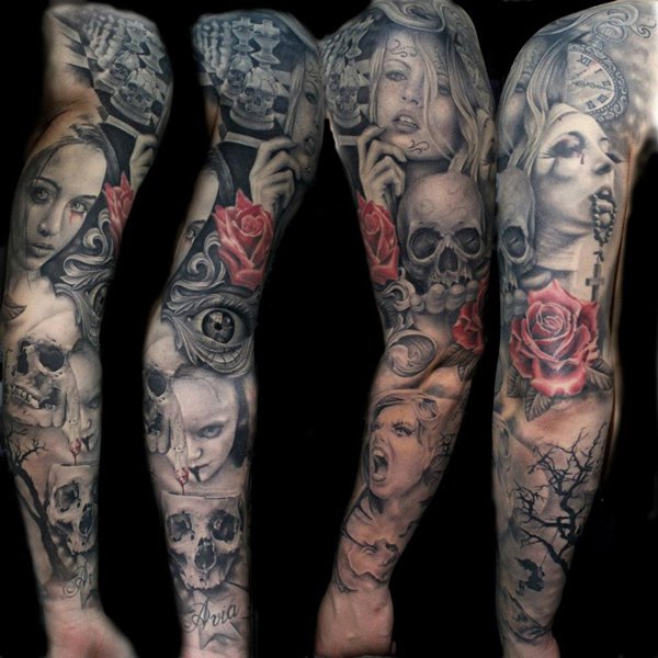 Red Rose And Grey Skull Tattoo On Arm