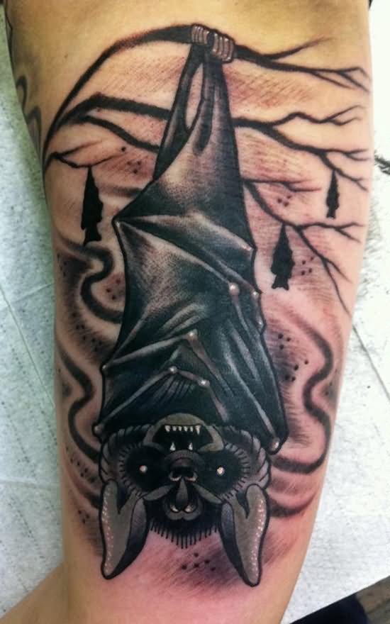 Scary Black Bat Tattoo On Half Sleeve