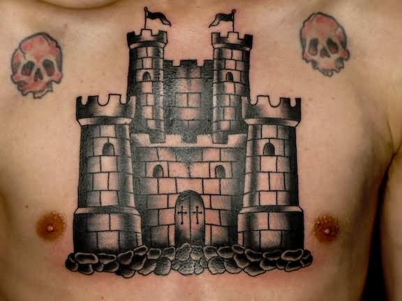 Skulls And Castle Tattoo On Man Chest