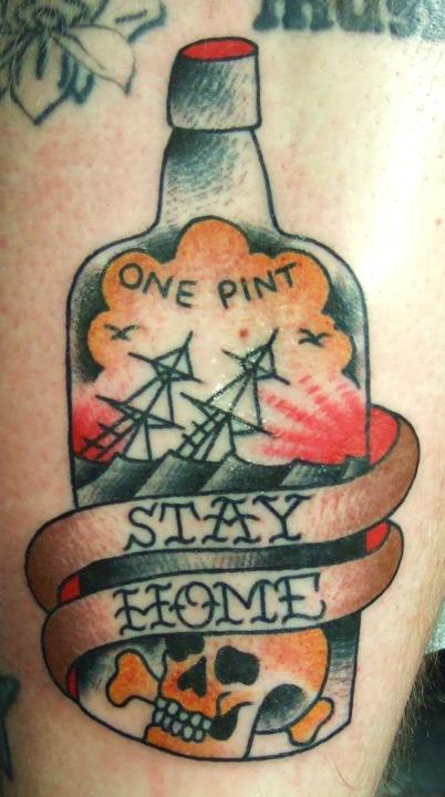 Stay Home Banner And Bottle Tattoo