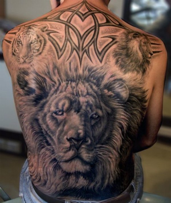 Tribal And Lion Wild Animal Tattoos On Full Back