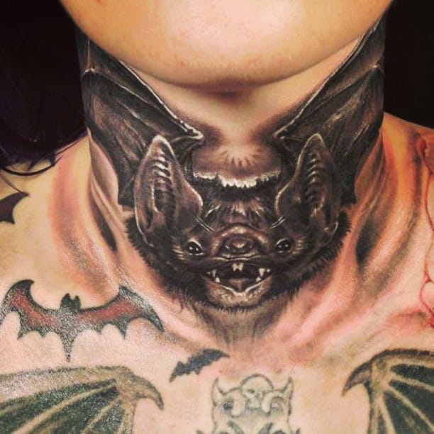 Vampire Bat Tattoo On Neck by James Tattooart