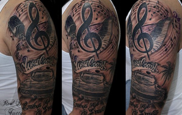 Violin Key And Piano Tattoo On Left Arm