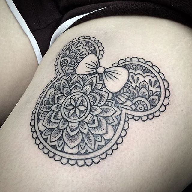 Minnie Mandala Tattoo On Thigh For Women