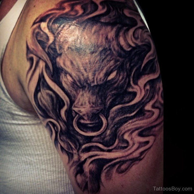 Terrific Evil Bull Tattoo On Left Shoulder