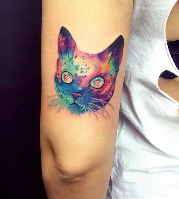 Watercolor Puss Cat Tattoo On Triceps
