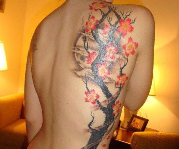 Grey Ink Moon And Cherry Blossom Tree Tattoo On Back Shoulder