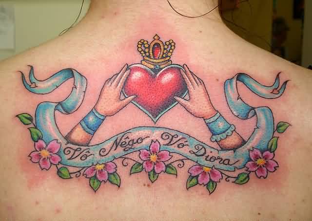 Pink Flowers And Claddagh Tattoo On Girl Upper Back