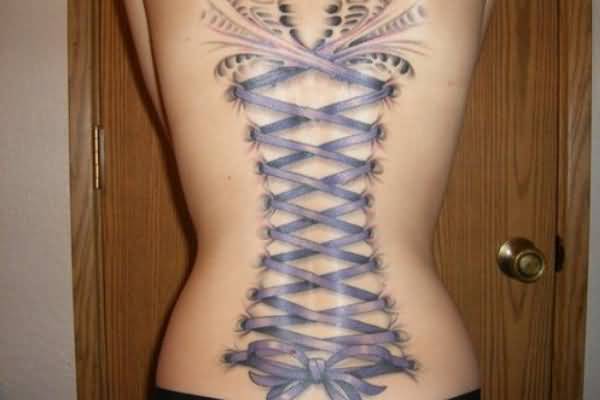 Purple Ribbon Corset Tattoo On Full Back