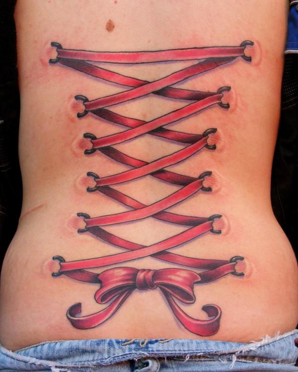 Red Ribbon Corset Tattoo On Back Body